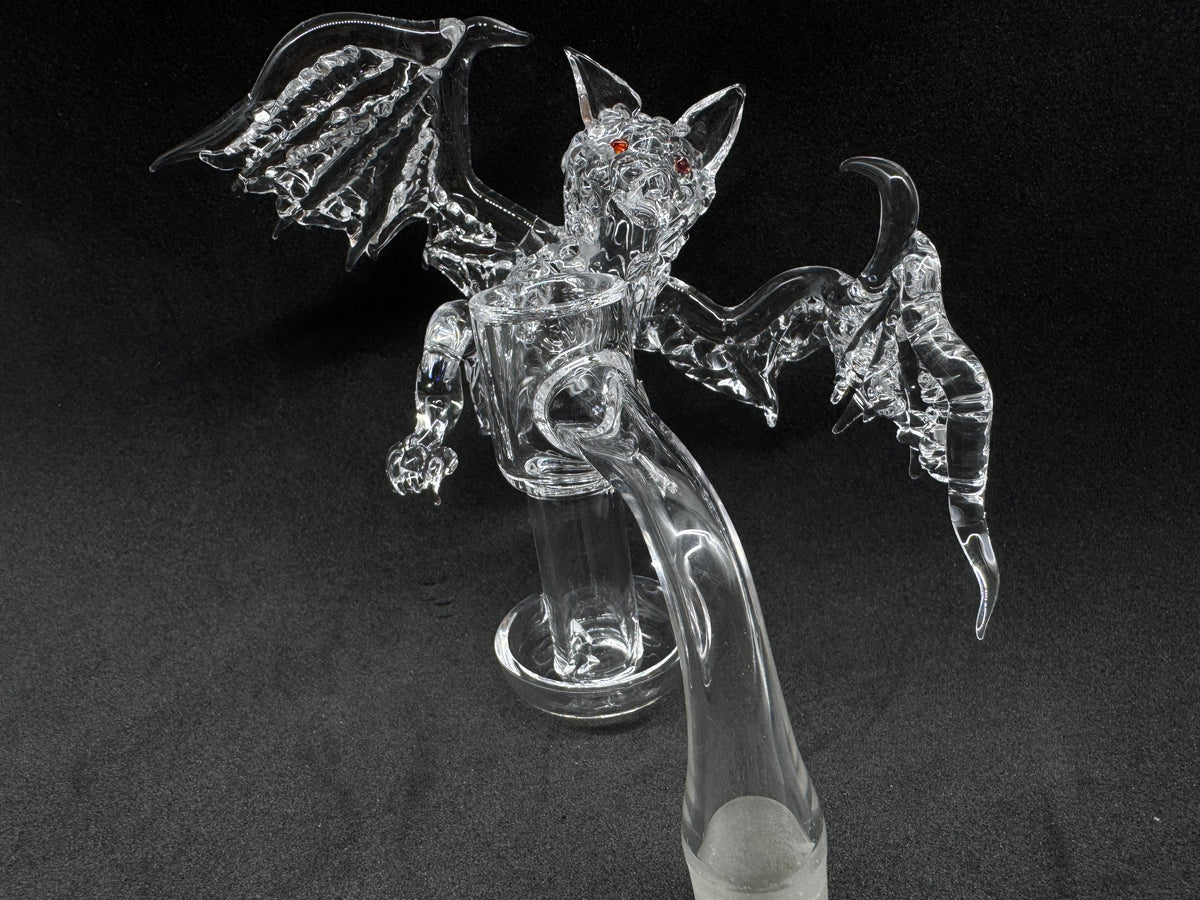 Hand-Sculpted Gothic Winged Bat Heady Terp Slurper Quartz Banger with Ruby Eyes - 90°